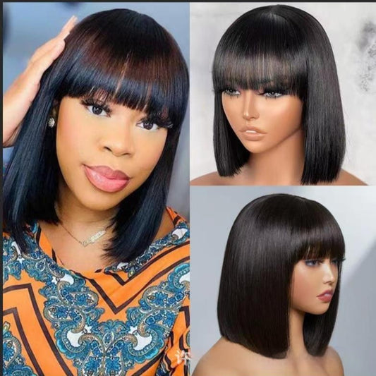 Hair Wig BOB With Bangs Realistic Look Lace Split Top Black Bob haircut
