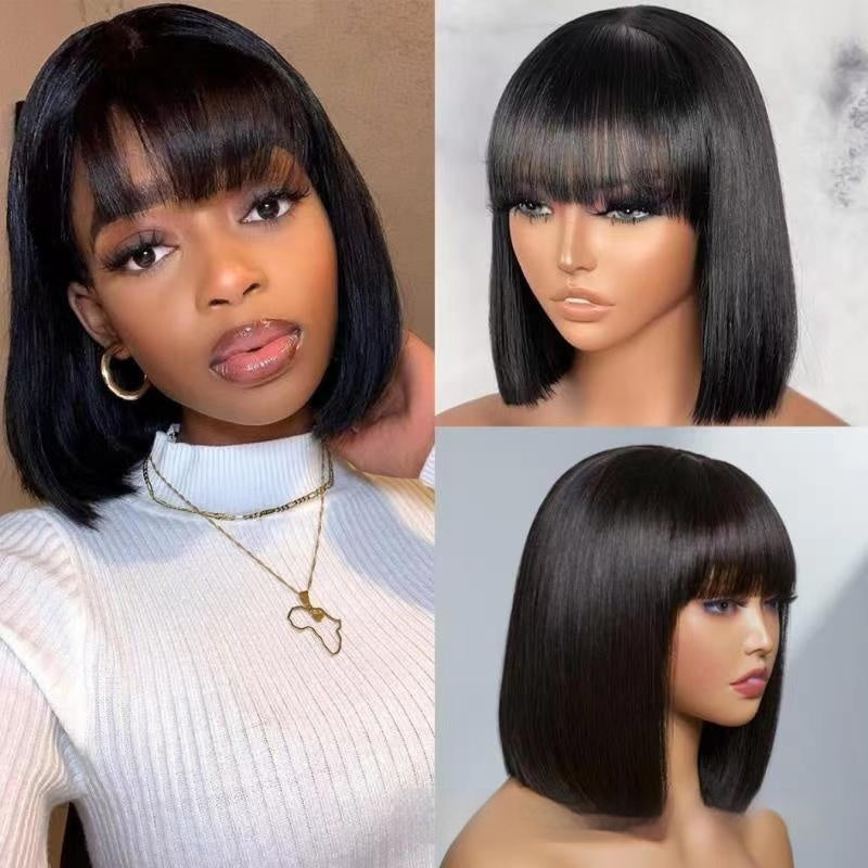 Hair Wig BOB With Bangs Realistic Look Lace Split Top Black Bob haircut
